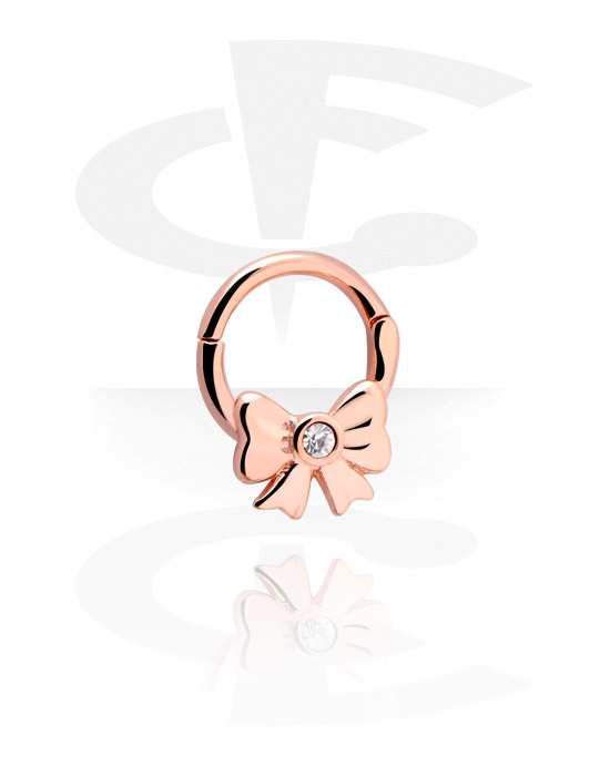 Piercingové kroužky, Piercingový clicker (chirurgická ocel, růžové zlato, lesklý povrch) s lukem a krystalovým kamínkem, Chirurgická ocel 316L pozlacená růžovým zlatem