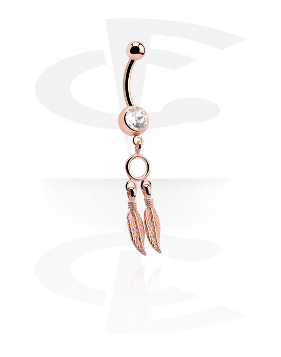 Curved Barbells, Belly button ring (surgical steel, silver, shiny finish) with feather charm and crystal stone, Rose Gold Plated Surgical Steel 316L, Surgical Steel 316L