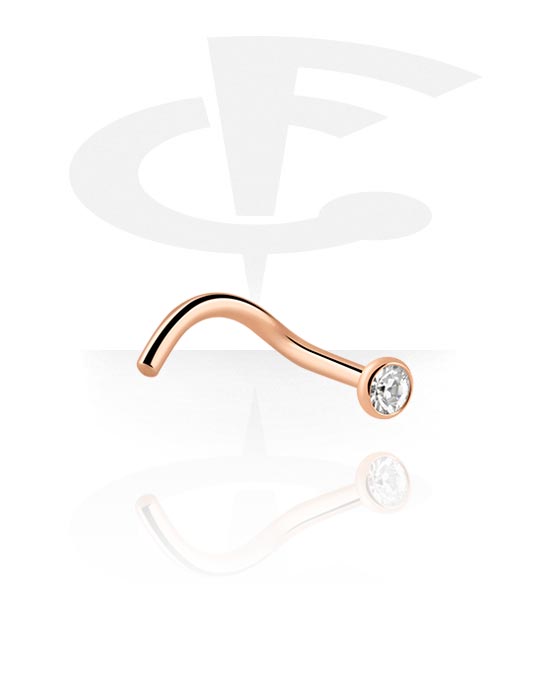 Nose Jewellery & Septums, Curved nose stud (surgical steel, rose gold, shiny finish) with crystal stone, Rose Gold Plated Surgical Steel 316L