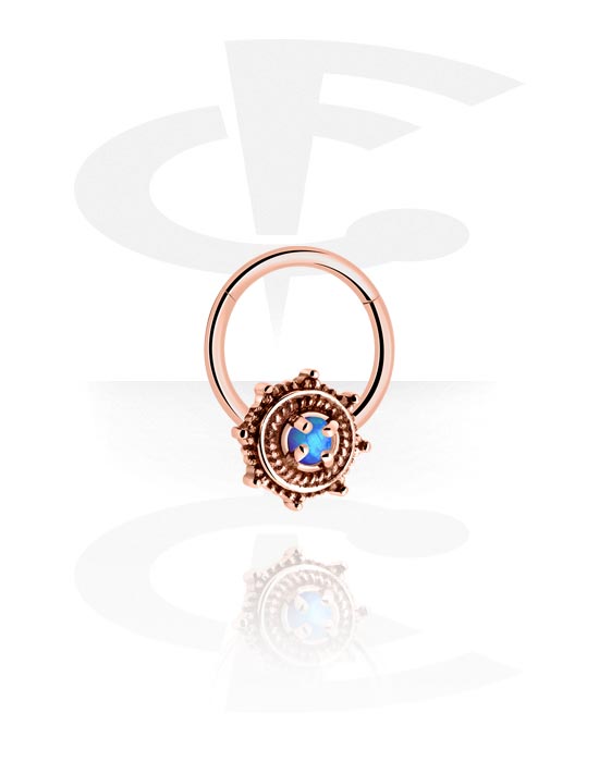 Piercing Rings, Piercing clicker (surgical steel, rose gold, shiny finish) with Flower and synthetic opal, Rose Gold Plated Surgical Steel 316L