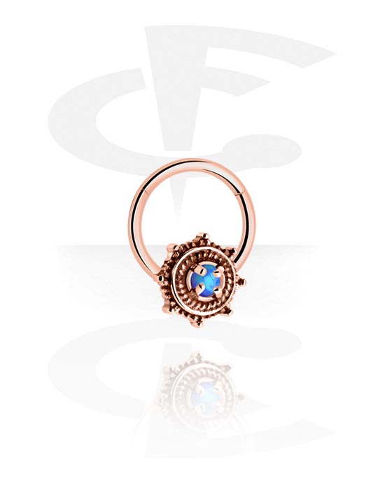 Piercing Rings, Piercing clicker (surgical steel, rose gold, shiny finish) with Flower and synthetic opal, Rose Gold Plated Surgical Steel 316L