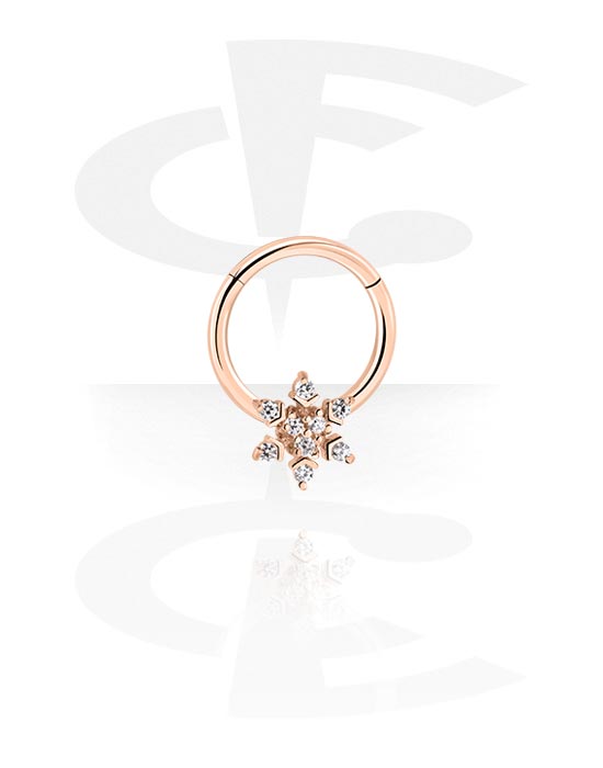 Anéis piercing, Piercing clicker (aço cirúrgico, ouro rosé, brilhante) com floco de neve e pedras de cristal, Aço cirúrgico 316L banhado a ouro rosé