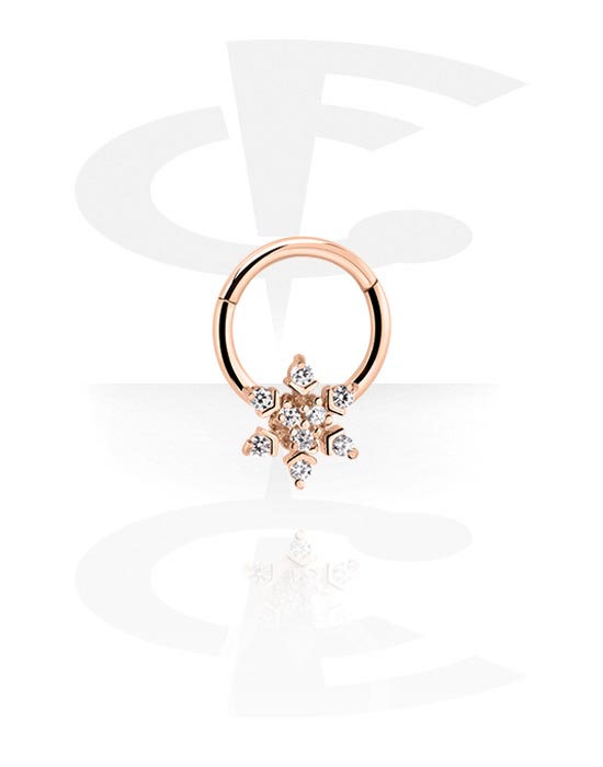 Piercing Rings, Piercing clicker (surgical steel, rose gold, shiny finish) with snowflake and crystal stones, Rose Gold Plated Surgical Steel 316L