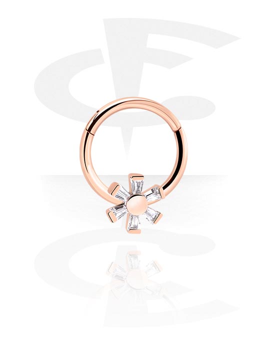 Anéis piercing, Piercing clicker (aço cirúrgico, ouro rosé, brilhante) com flor e pedras de cristal, Aço cirúrgico 316L banhado a ouro rosé