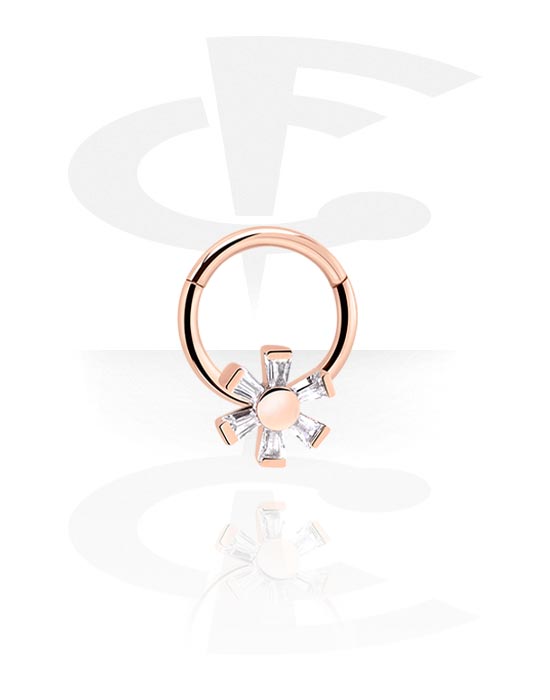 Piercing Rings, Piercing clicker (surgical steel, rose gold, shiny finish) with Flower and crystal stones, Rose Gold Plated Surgical Steel 316L