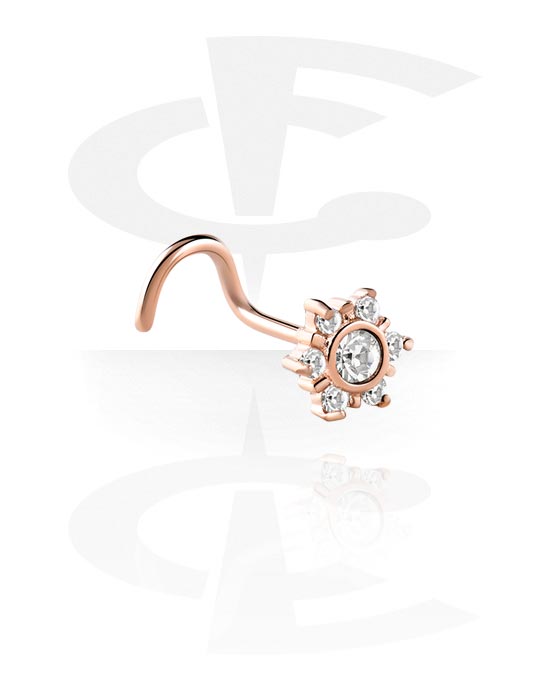 Nose Jewellery & Septums, Curved nose stud (surgical steel, rose gold, shiny finish) with flower attachment and crystal stones, Rose Gold Plated Surgical Steel 316L