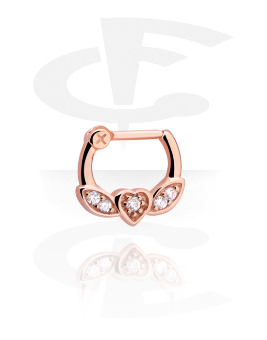 Nose Jewellery & Septums, Septum clicker (surgical steel, rose gold, shiny finish) with heart design and crystal stones, Rose Gold Plated Surgical Steel 316L