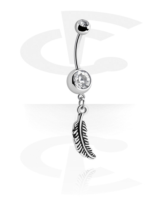 Curved Barbells, Belly button ring (surgical steel, silver, shiny finish) with feather charm and crystal stones, Surgical Steel 316L
