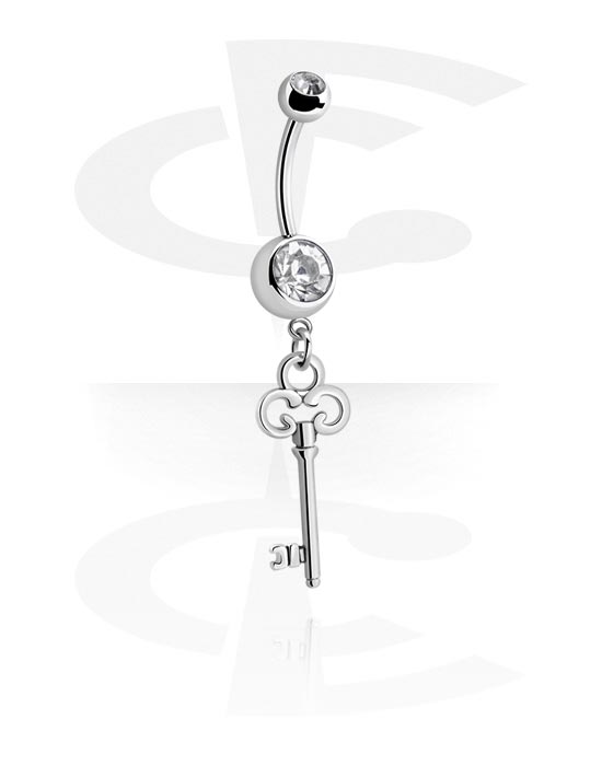 Buede stave, Navlering (kirurgisk stål, sølv, blank finish) med Nøgle og krystaller, Kirurgisk stål 316L