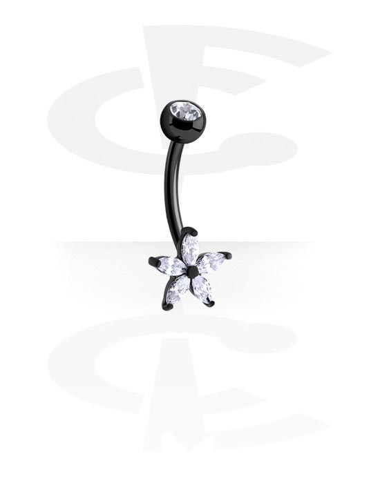 Zahnuté činky, Kroužek do pupíku (chirurgická ocel, černá, lesklý povrch) s designem květina a krystalovými kamínky, Chirurgická ocel 316L