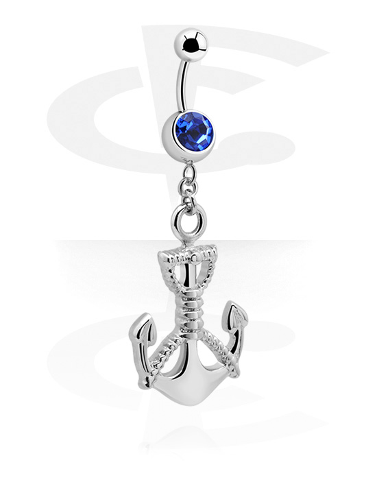 Curved Barbells, Belly button ring (surgical steel, silver, shiny finish) with anchor charm and crystal stone, Surgical Steel 316L