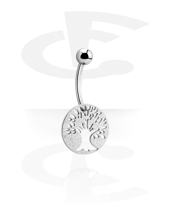 Curved Barbells, Belly button ring (surgical steel, silver, shiny finish) with tree design, Surgical Steel 316L
