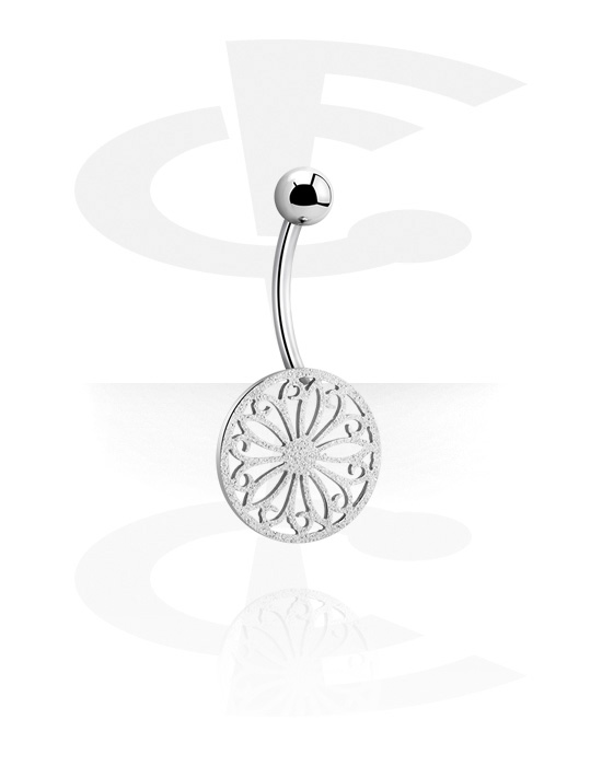 Curved Barbells, Belly button ring (surgical steel, silver, shiny finish) with mandala design, Surgical Steel 316L