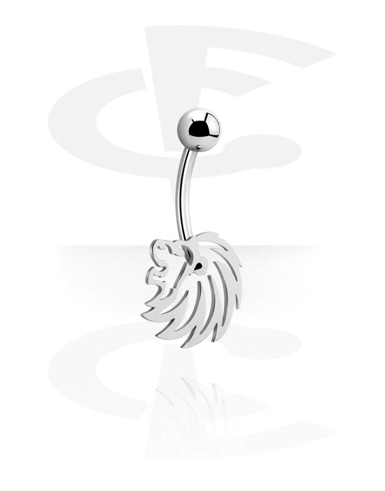 Curved Barbells, Belly button ring (surgical steel, silver, shiny finish) with lion design, Surgical Steel 316L