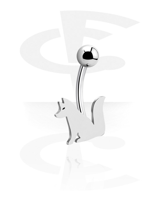 Curved Barbells, Belly button ring (surgical steel, silver, shiny finish) with fox design, Surgical Steel 316L