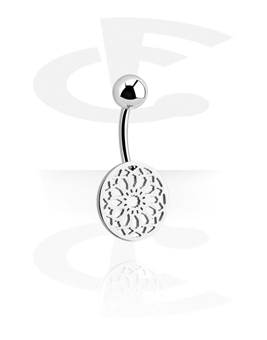 Curved Barbells, Belly button ring (surgical steel, silver, shiny finish) with mandala design, Surgical Steel 316L