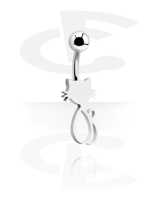 Zaobljene šipkice, Prsten za pupak (kirurški čelik, srebrna, sjajna završna obrada) s dodatkom s mačkom, Kirurški čelik 316L
