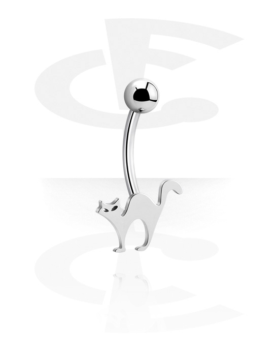 Zahnuté činky, Krúžok do pupku (chirurgická oceľ, strieborná, lesklý povrch) s Motív mačka, Chirurgická oceľ 316L