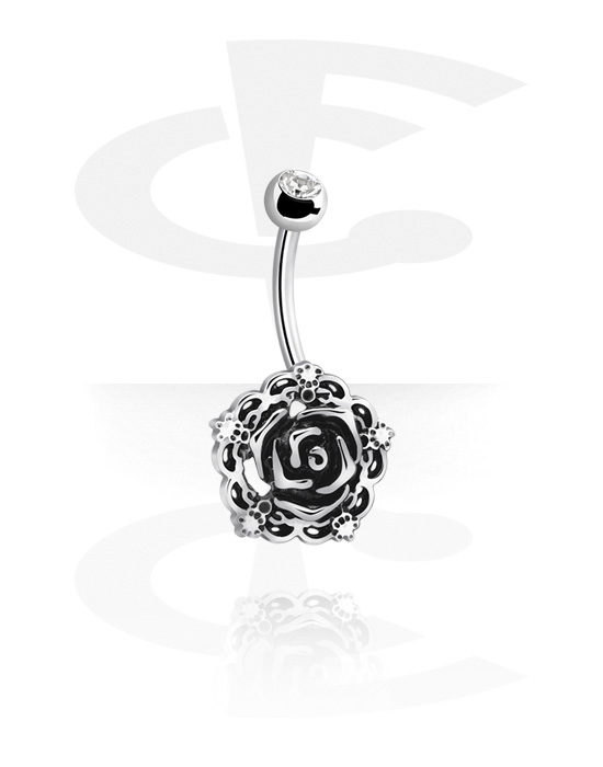 Curved Barbells, Belly button ring (surgical steel, silver, shiny finish) with rose design and crystal stone, Surgical Steel 316L