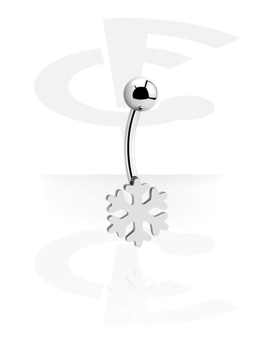 Curved Barbells, Belly button ring (surgical steel, silver, shiny finish) with snowflake design, Surgical Steel 316L