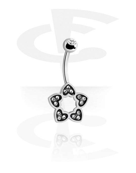 Curved Barbells, Belly button ring (surgical steel, silver, shiny finish) with flower design and crystal stones, Surgical Steel 316L