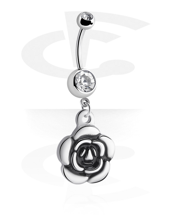 Curved Barbells, Belly button ring (surgical steel, silver, shiny finish) with rose design and crystal stones, Surgical Steel 316L