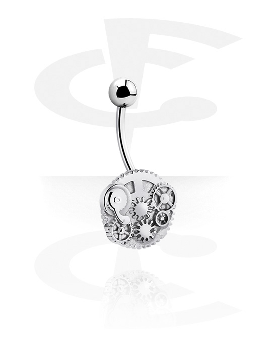 Curved Barbells, Belly button ring (surgical steel, silver, shiny finish) with steampunk design, Surgical Steel 316L