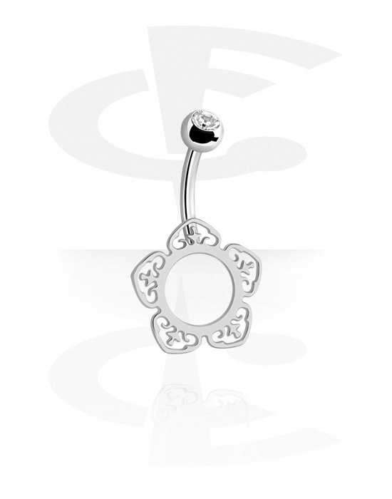 Ívelt barbellek, Belly button ring (surgical steel, silver, shiny finish) val vel Virág dizájn és Kristálykő, Sebészeti acél, 316L