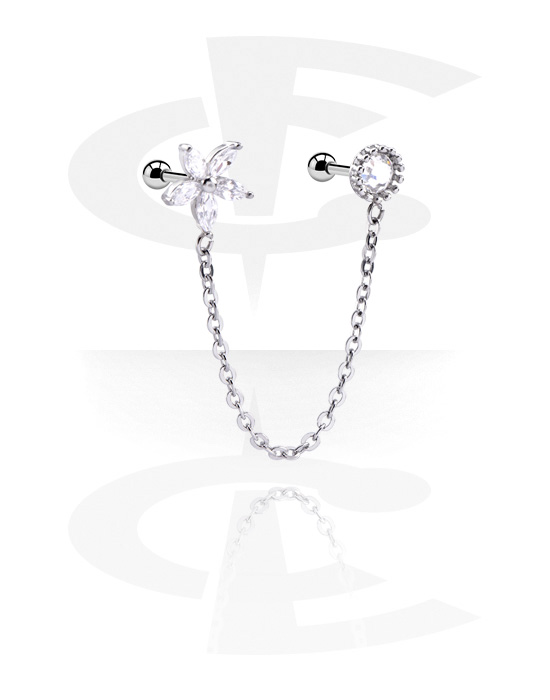Helix & tragus, Tragus-piercing med kæde og krystaller, Kirurgisk stål 316L