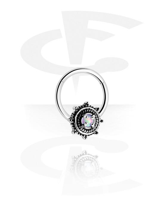 Piercing Rings, Piercing clicker (surgical steel, silver, shiny finish) with synthetic opal, Surgical Steel 316L