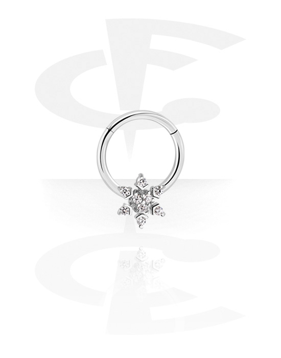 Piercing Rings, Piercing clicker (surgical steel, silver, shiny finish) with snowflake and crystal stones, Surgical Steel 316L