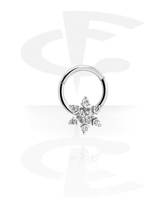 Piercing Rings, Piercing clicker (surgical steel, silver, shiny finish) with snowflake and crystal stones, Surgical Steel 316L