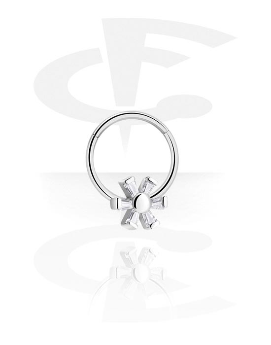 Anéis piercing, Multi-purpose clicker (aço cirúrgico, prata, acabamento brilhante) com flor e pedras de cristal, Aço cirúrgico 316L