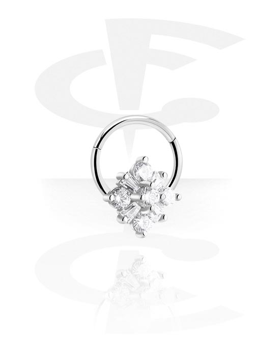 Piercing ad anello, Multi-purpose clicker (acciaio chirurgico, argento, finitura lucida) con fiore e cristallini, Acciaio chirurgico 316L