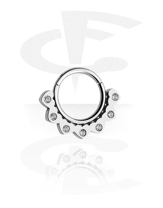 Piercingové kroužky, Piercingový clicker (chirurgická ocel, stříbrná, lesklý povrch) s designem srdce a krystalovými kamínky, Chirurgická ocel 316L