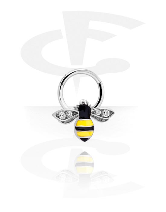 Anneaux, Multi-purpose clicker (acier chirurgical, argent, finition brillante) avec abeille et pierres en cristal, Acier chirurgical 316L