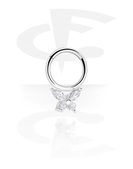Anéis piercing, Multi-purpose clicker (aço cirúrgico, prata, acabamento brilhante) com borboleta e pedras de cristal, Aço cirúrgico 316L