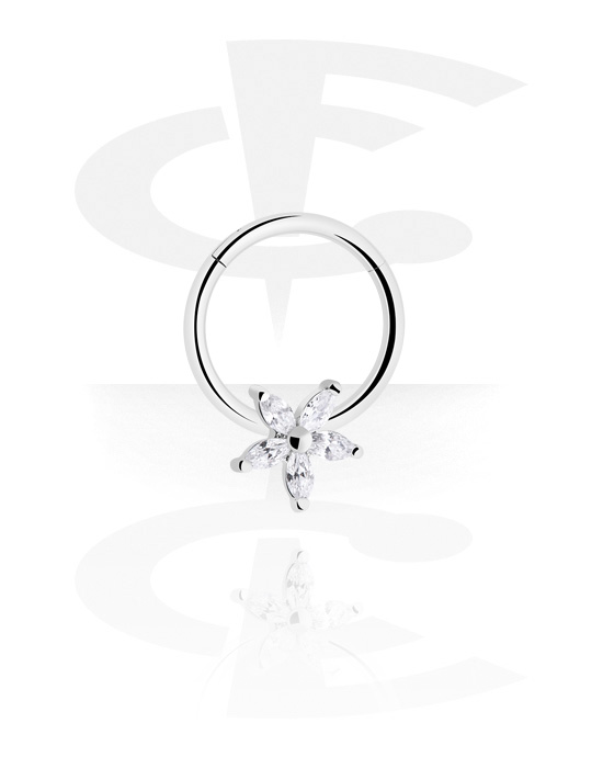 Anéis piercing, Multi-purpose clicker (aço cirúrgico, prata, acabamento brilhante) com flor e pedras de cristal, Aço cirúrgico 316L