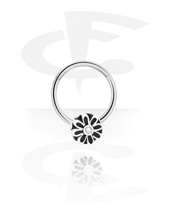Anéis piercing, Multi-purpose clicker (aço cirúrgico, prata, acabamento brilhante) com flor e pedra de cristal, Aço cirúrgico 316L