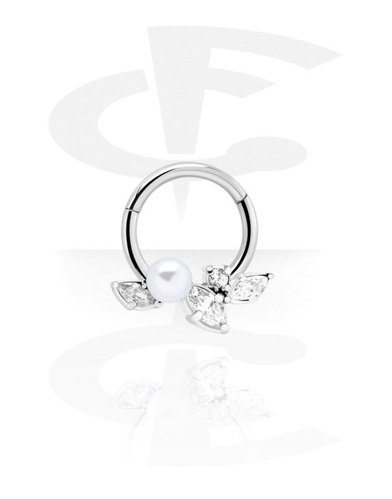 Anéis piercing, Multi-purpose clicker (aço cirúrgico, prata, acabamento brilhante) com pérola e pedras de cristal, Aço cirúrgico 316L