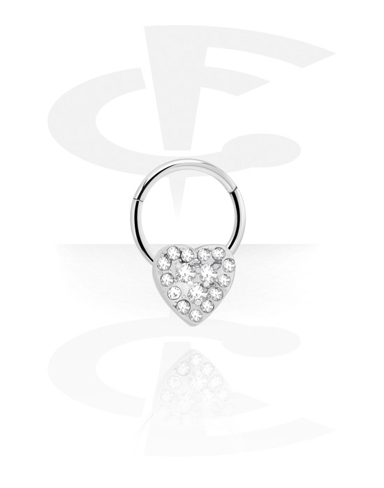 Anéis piercing, Multi-purpose clicker (aço cirúrgico, prata, acabamento brilhante) com coração e pedras de cristal, Aço cirúrgico 316L