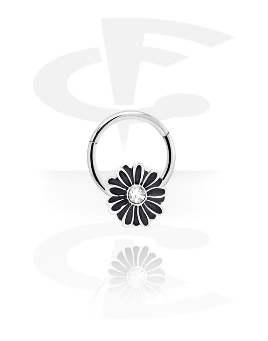 Anéis piercing, Multi-purpose clicker (aço cirúrgico, prata, acabamento brilhante) com flor e pedra de cristal, Aço cirúrgico 316L