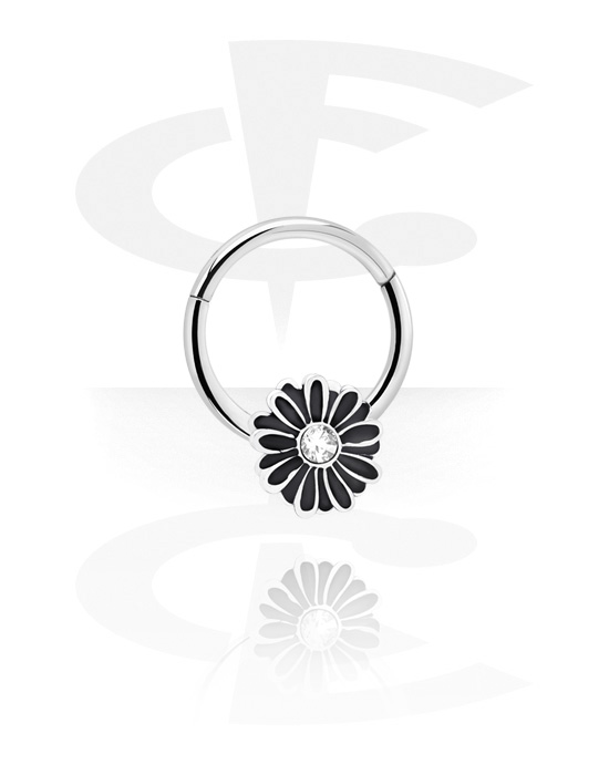 Piercing Rings, Piercing clicker (surgical steel, silver, shiny finish) with Flower and crystal stone, Surgical Steel 316L