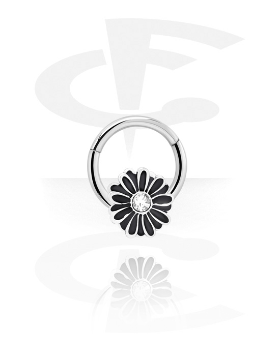 Piercingové kroužky, Piercingový clicker (chirurgická ocel, stříbrná, lesklý povrch) s Květinou a krystalovým kamínkem, Chirurgická ocel 316L