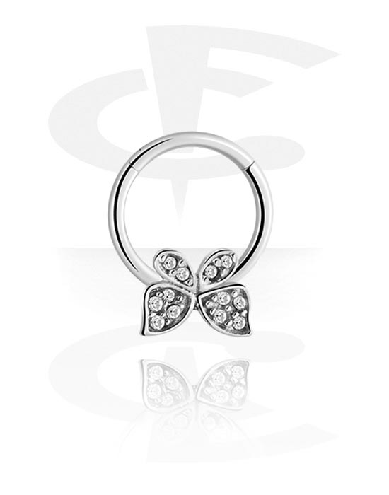 Anéis piercing, Multi-purpose clicker (aço cirúrgico, prata, acabamento brilhante) com borboleta e pedras de cristal, Aço cirúrgico 316L