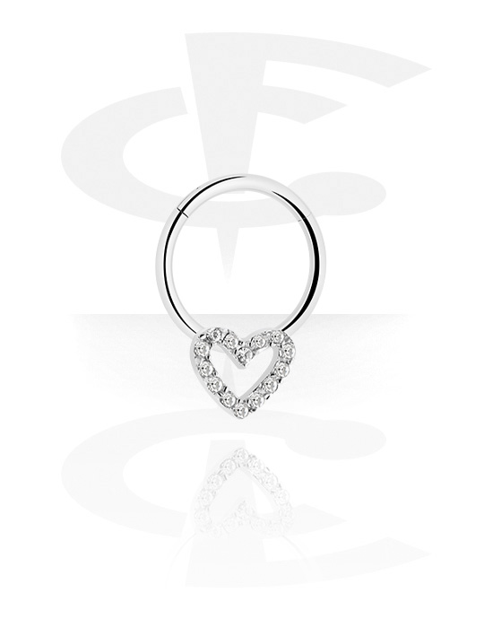 Piercing Rings, Piercing clicker (surgical steel, silver, shiny finish) with heart and crystal stones, Surgical Steel 316L