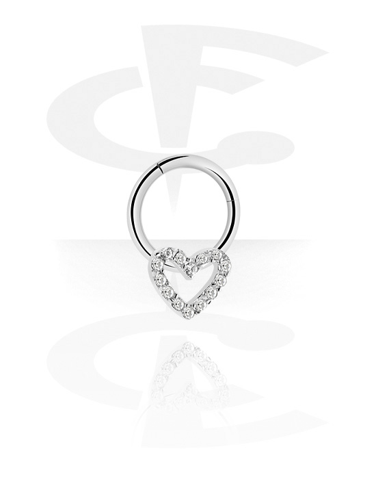 Anéis piercing, Multi-purpose clicker (aço cirúrgico, prata, acabamento brilhante) com coração e pedras de cristal, Aço cirúrgico 316L