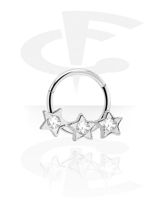 Piercingové kroužky, Piercingový clicker (chirurgická ocel, stříbrná, lesklý povrch) s hvězdami a krystalovými kamínky, Chirurgická ocel 316L