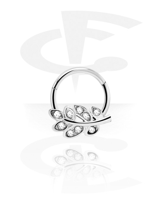 Piercing ad anello, Multi-purpose clicker (acciaio chirurgico, argento, finitura lucida) con design foglia e cristallini, Acciaio chirurgico 316L
