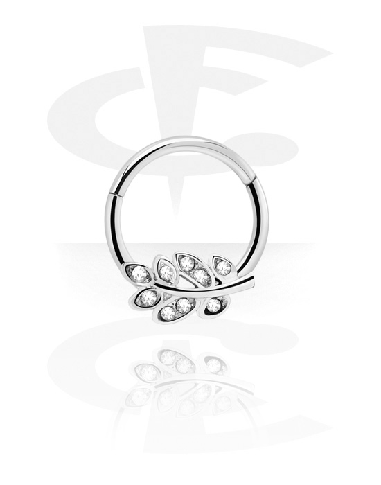 Piercing ad anello, Multi-purpose clicker (acciaio chirurgico, argento, finitura lucida) con design foglia e cristallini, Acciaio chirurgico 316L